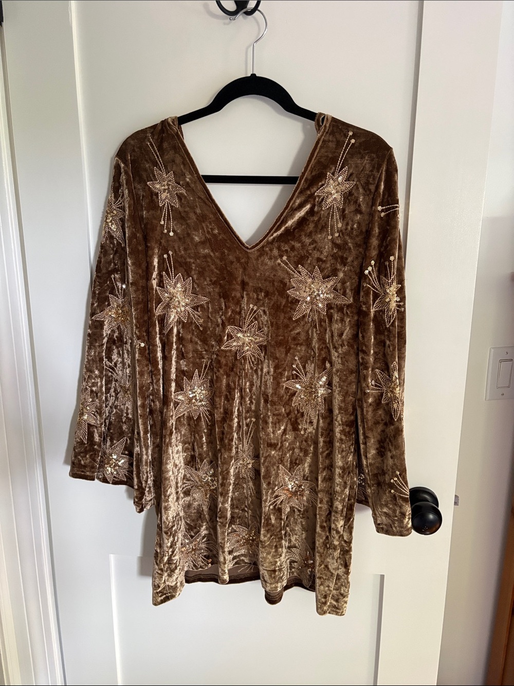 Lenni Velvet Embroidered V-Neck Tunic in Brown